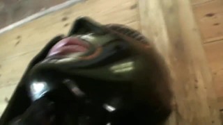 Couple Full In Black Rubber Catsuit Mask Gloves Condom Encasement Latex Sex
