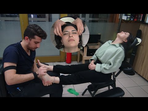 ASMR female foot massage &  female chair eyebrow, throat, ear, face, leg, massage & bayan ayak masajı